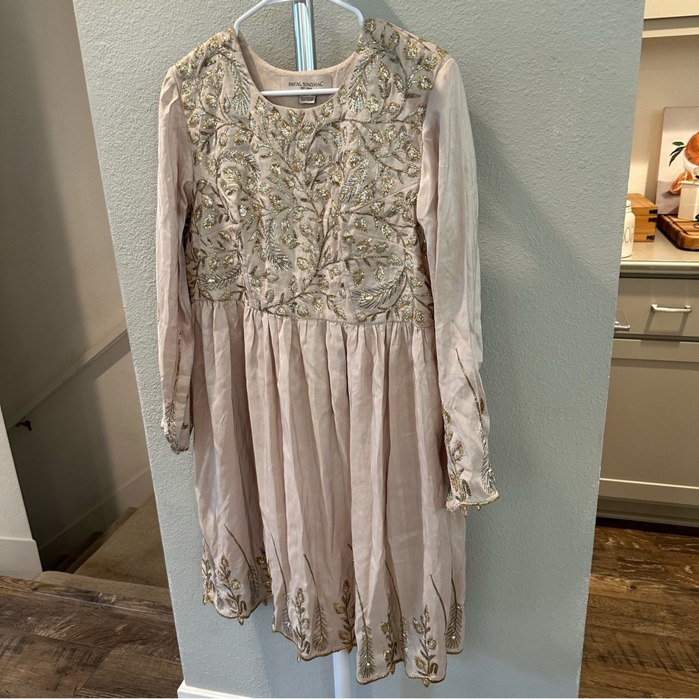 PAYAL SINGHAL Embroidered Dress in Blush Pink with Gold and Silver Floral Detail